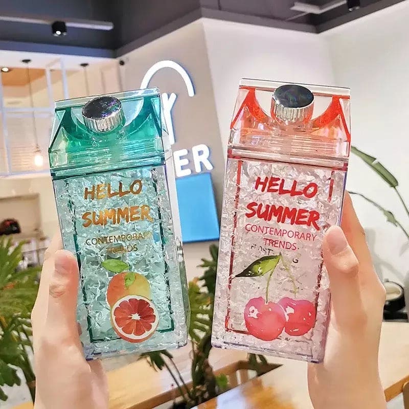 Hello Summer Water Bottle, Double Straw Cold Drink Cup, Creative Milk Box Style Water Bottle, Outdoor Thermos Cup, Summer Glass Drinking Water Bottle Hello Summer Water Bottle, Double Straw Cold Drink Cup, Creative Milk Box Style Water Bottle, Outdoor Thermos Cup, Summer Glass Drinking Water Bottle